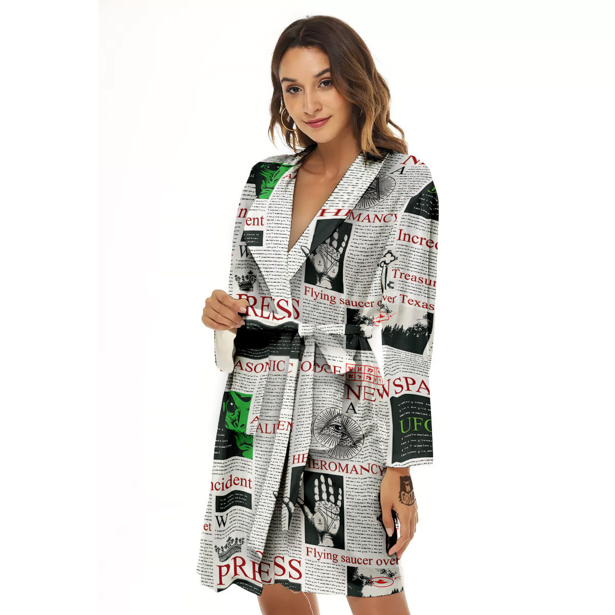 Newspaper Aliens Topic Print Pattern Women's Robe-grizzshop