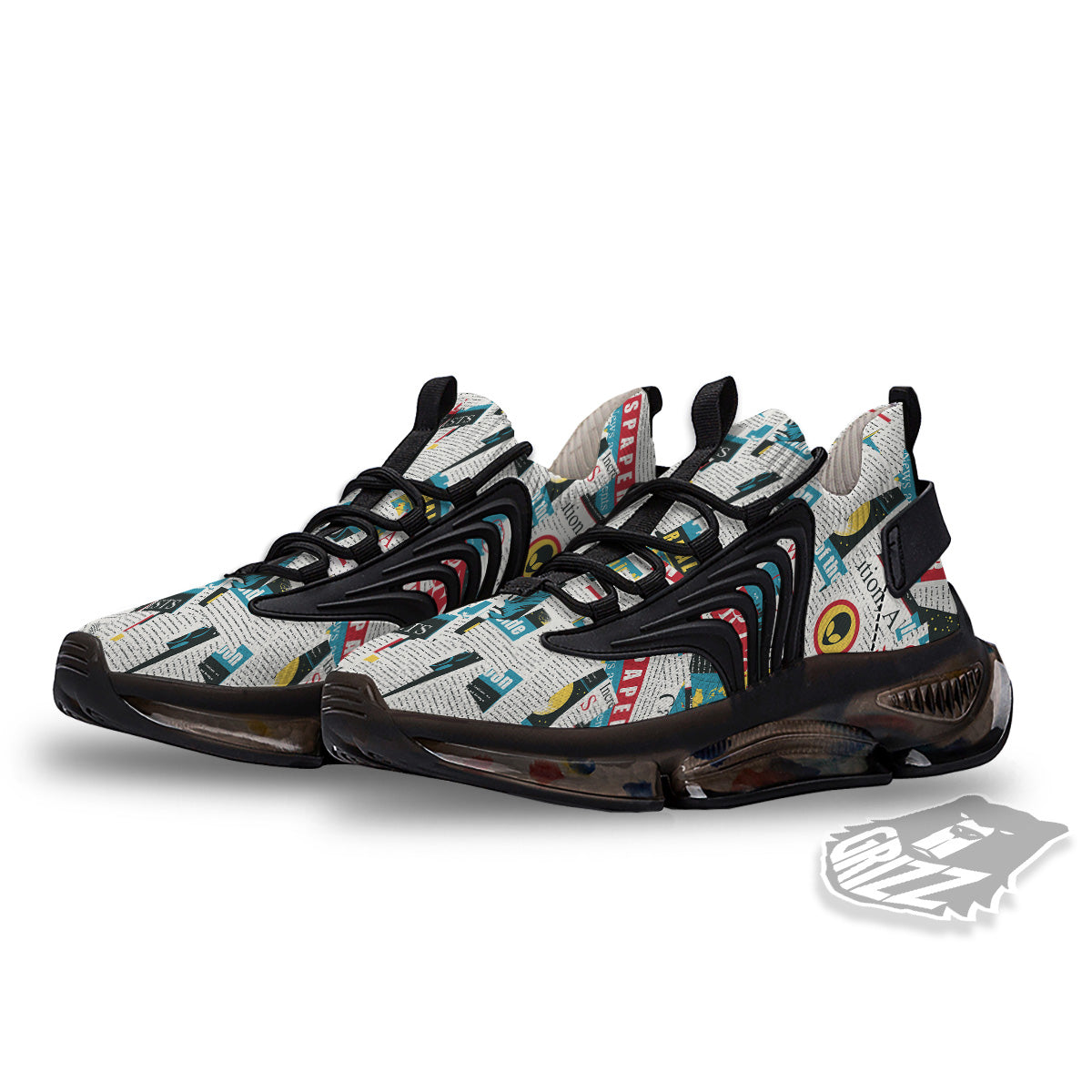 Newspaper Clippings On Aliens Topic Colorful Print Pattern Black Gym Shoes-grizzshop
