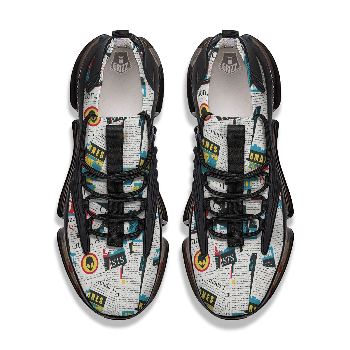 Newspaper Clippings On Aliens Topic Colorful Print Pattern Black Gym Shoes-grizzshop