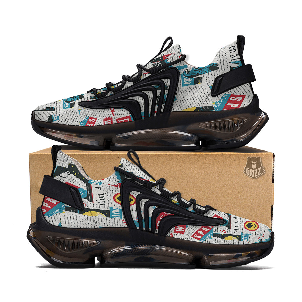 Newspaper Clippings On Aliens Topic Colorful Print Pattern Black Gym Shoes-grizzshop