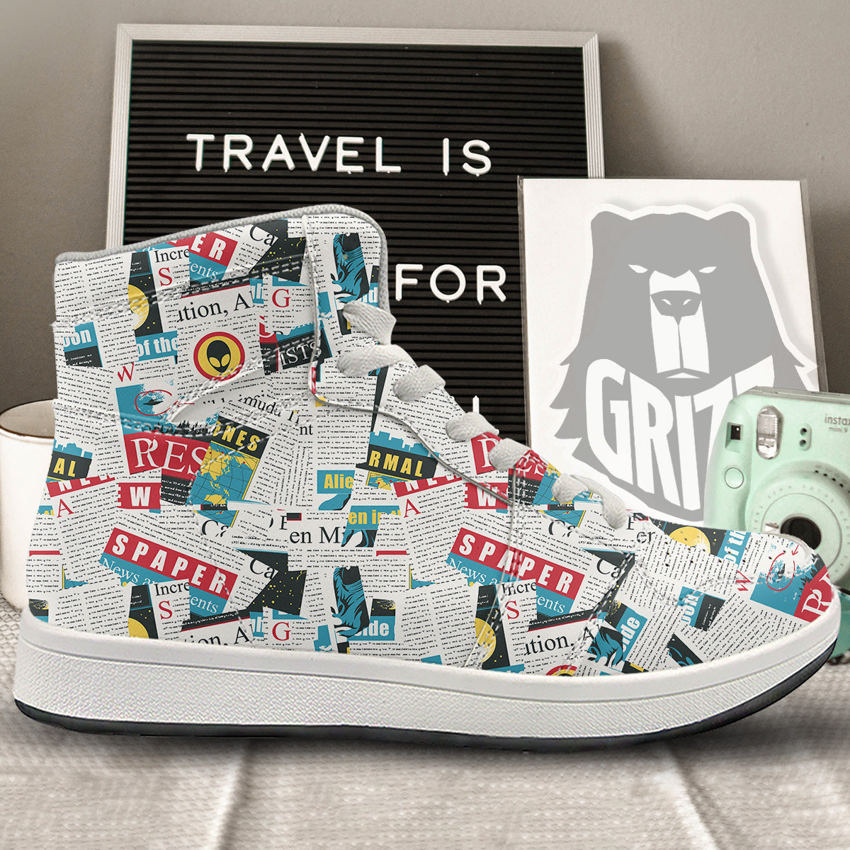 Newspaper Clippings On Aliens Topic Colorful Print Pattern High Top Sneakers-grizzshop