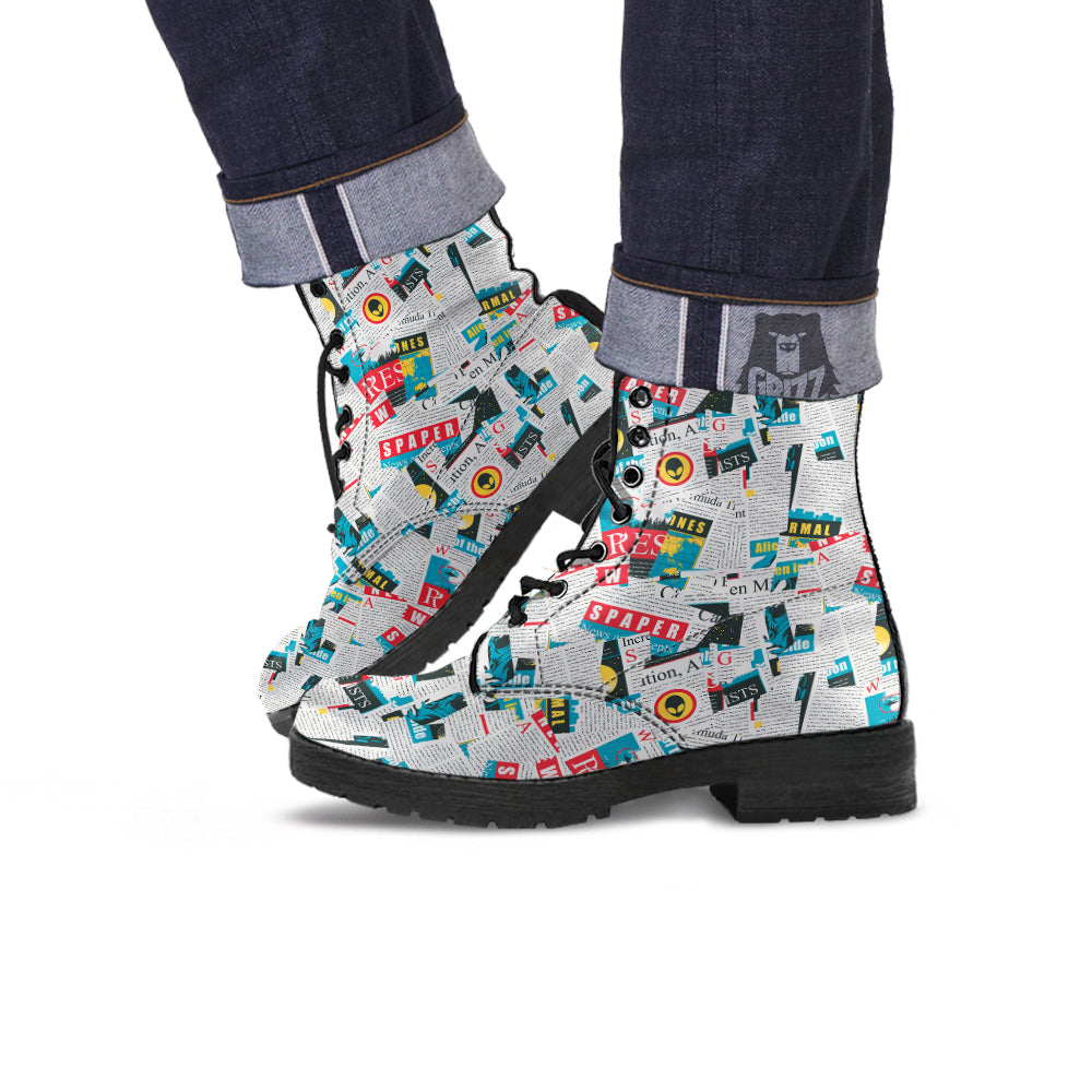 Newspaper Clippings On Aliens Topic Colorful Print Pattern Leather Boots-grizzshop