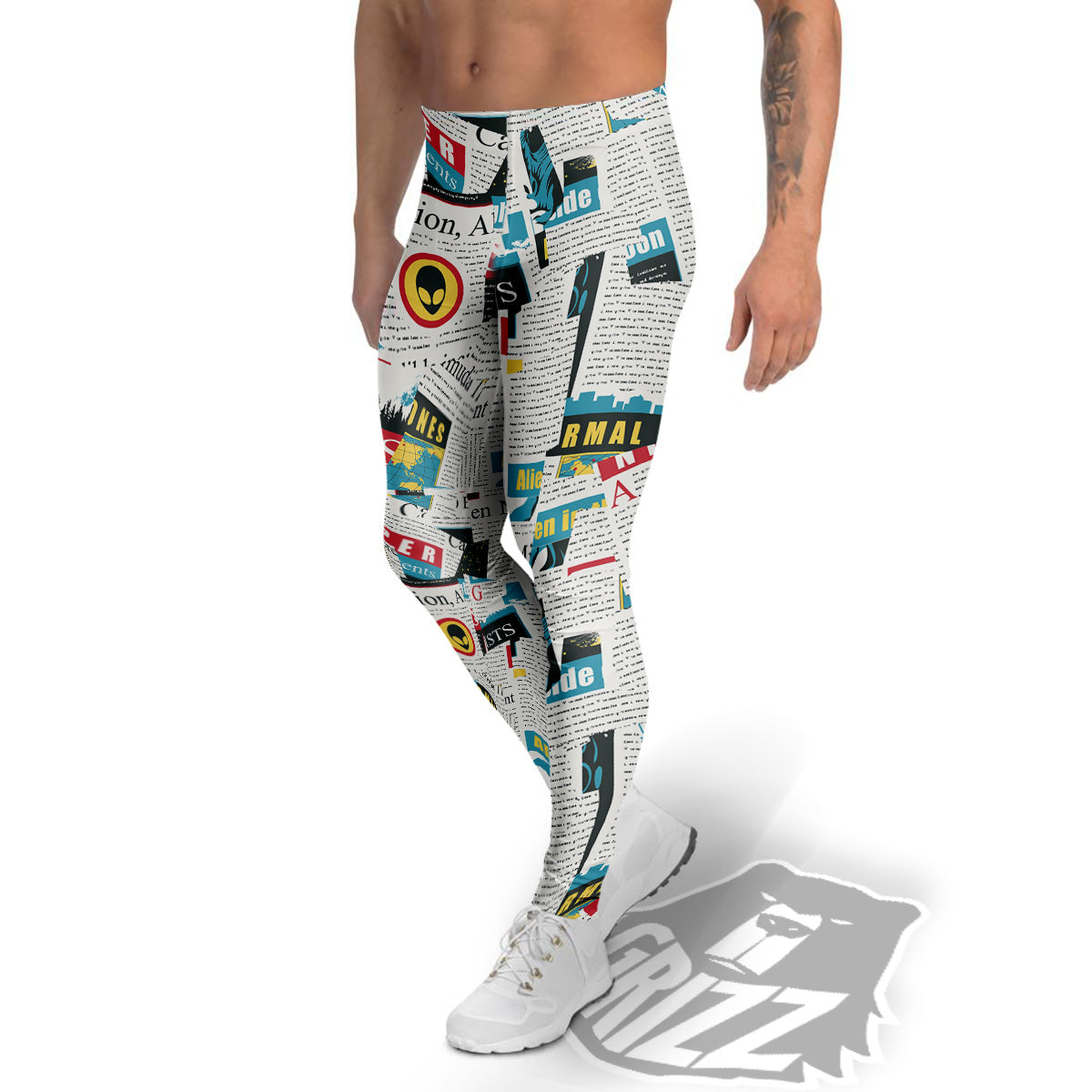 Newspaper Clippings On Aliens Topic Colorful Print Pattern Men's Leggings-grizzshop