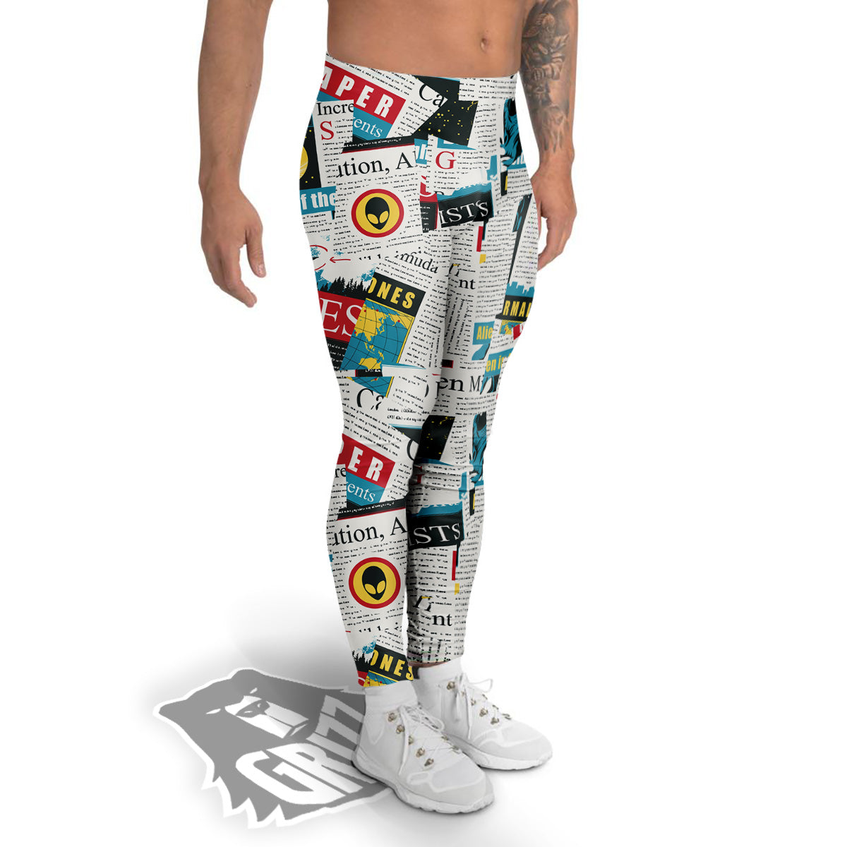 Newspaper Clippings On Aliens Topic Colorful Print Pattern Men's Leggings-grizzshop