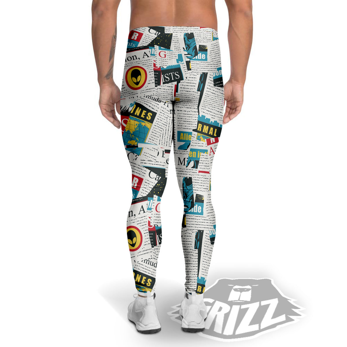 Newspaper Clippings On Aliens Topic Colorful Print Pattern Men's Leggings-grizzshop