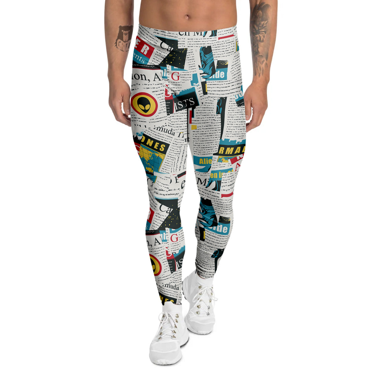 Newspaper Clippings On Aliens Topic Colorful Print Pattern Men's Leggings-grizzshop