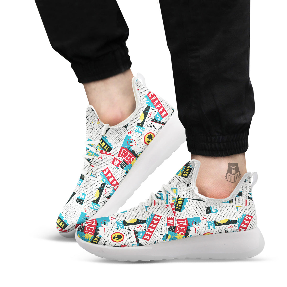 Newspaper Clippings On Aliens Topic Colorful Print Pattern White Athletic Shoes-grizzshop