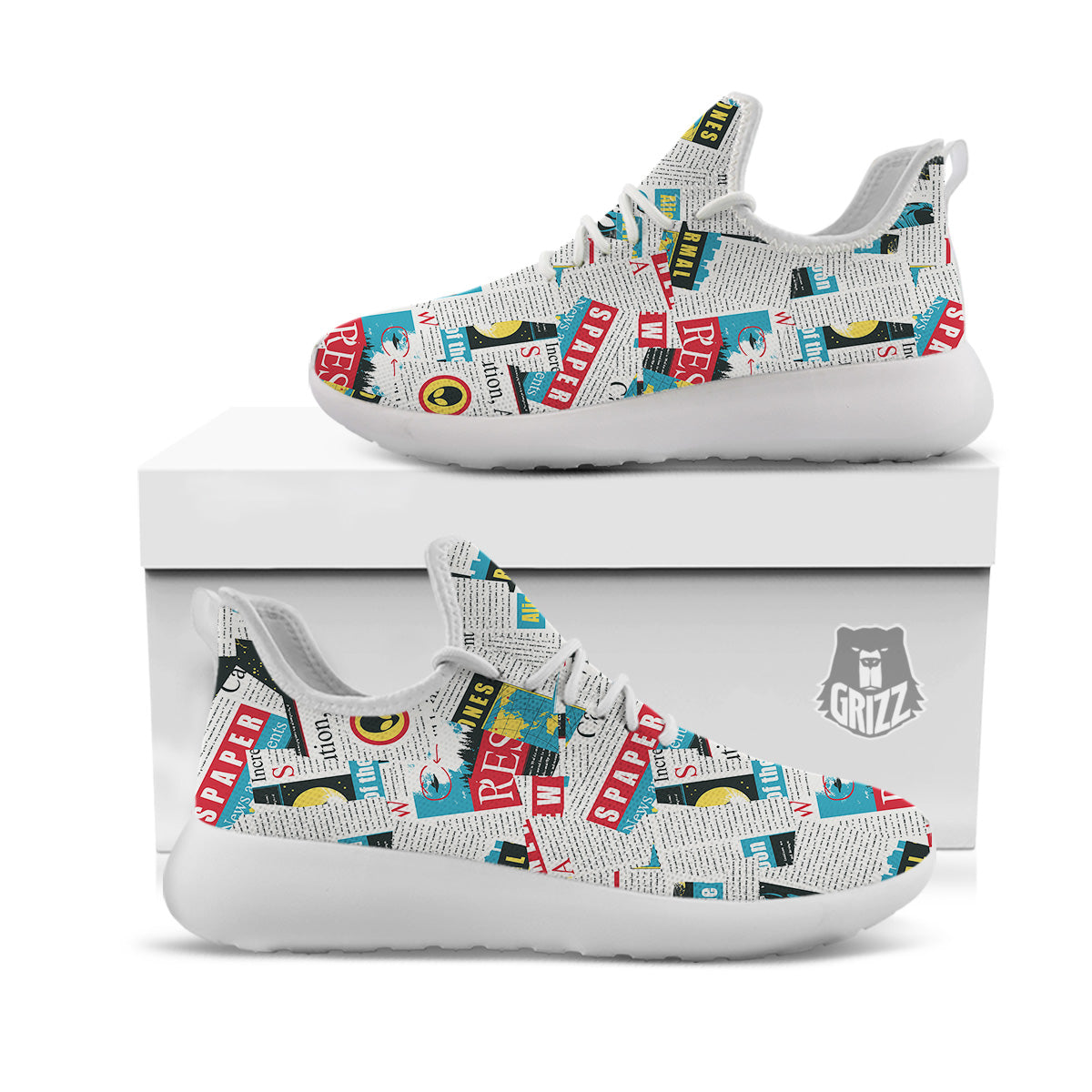 Newspaper Clippings On Aliens Topic Colorful Print Pattern White Athletic Shoes-grizzshop