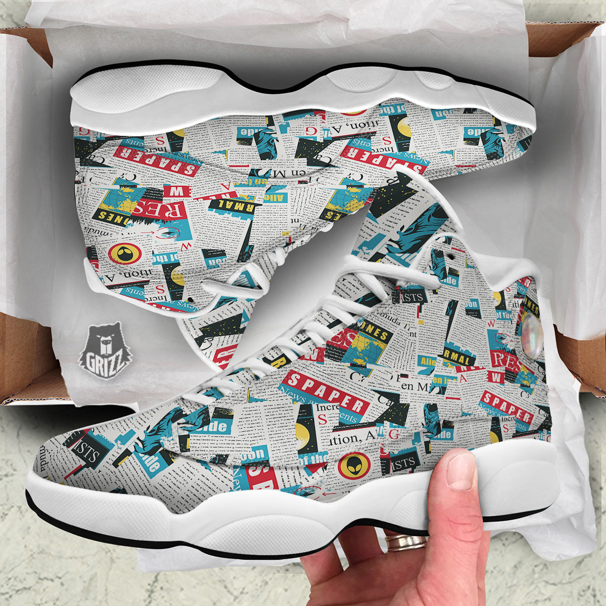 Newspaper Clippings On Aliens Topic Colorful Print Pattern White Basketball Shoes-grizzshop