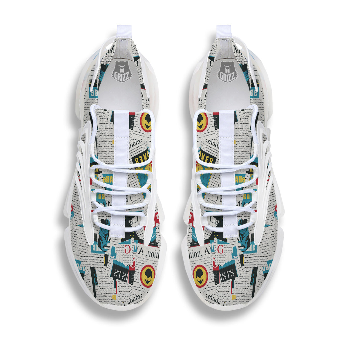 Newspaper Clippings On Aliens Topic Colorful Print Pattern White Gym Shoes-grizzshop