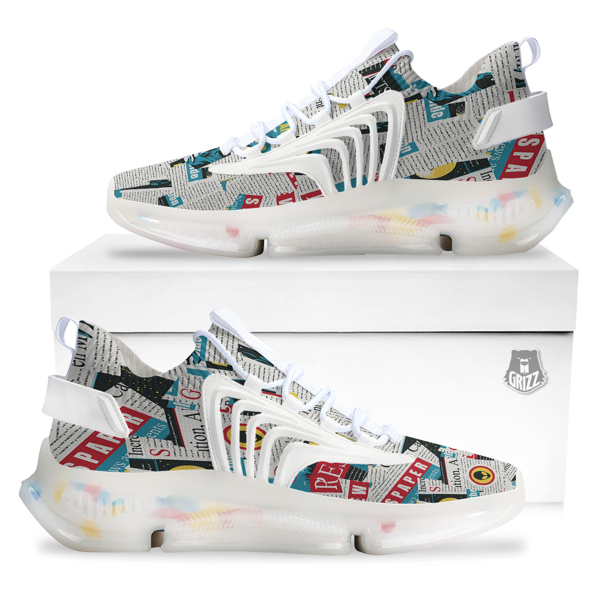 Newspaper Clippings On Aliens Topic Colorful Print Pattern White Gym Shoes-grizzshop