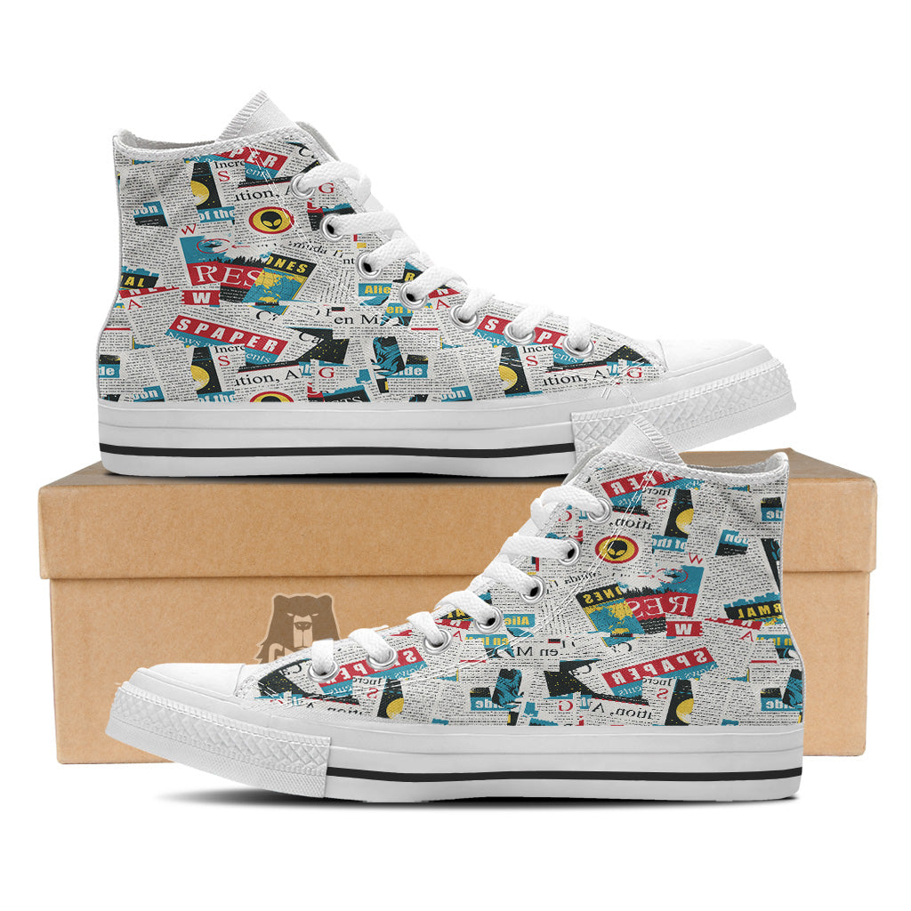 Newspaper Clippings On Aliens Topic Colorful Print Pattern White High Top Shoes-grizzshop
