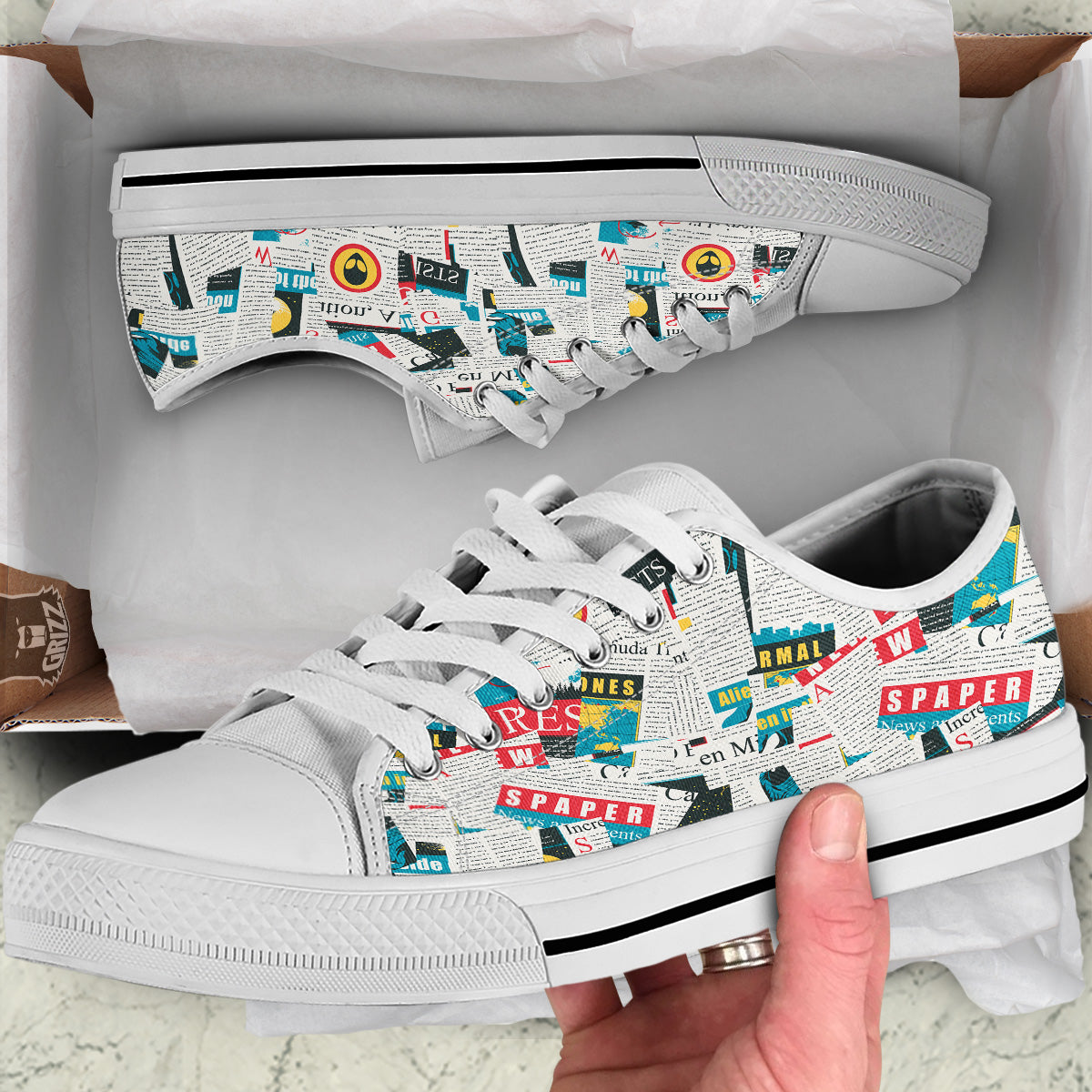Newspaper Clippings On Aliens Topic Colorful Print Pattern White Low Top Shoes-grizzshop