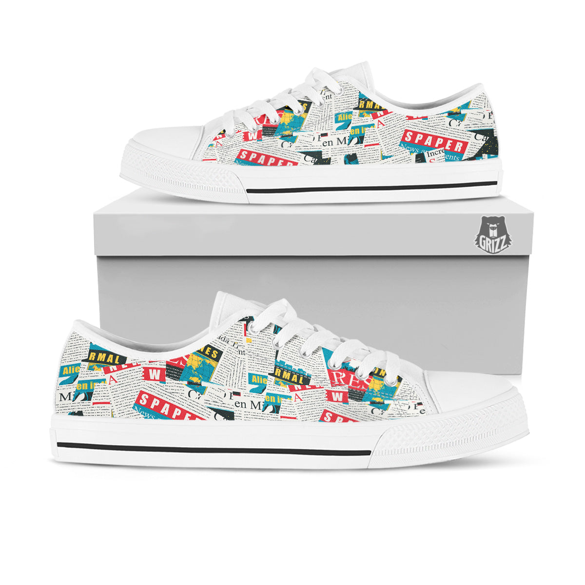 Newspaper Clippings On Aliens Topic Colorful Print Pattern White Low Top Shoes-grizzshop