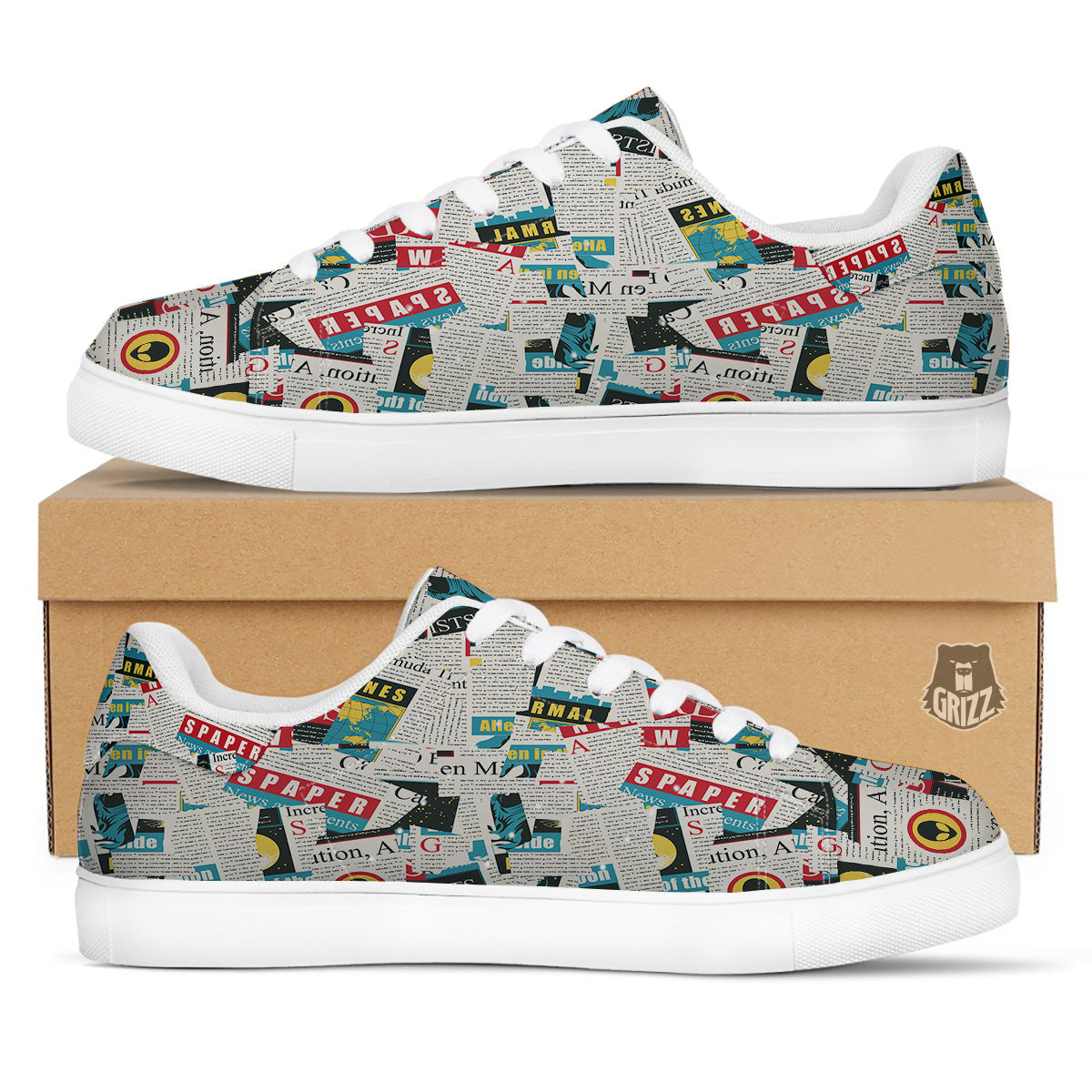 Newspaper Clippings On Aliens Topic Colorful Print Pattern White Low Top Sneakers-grizzshop