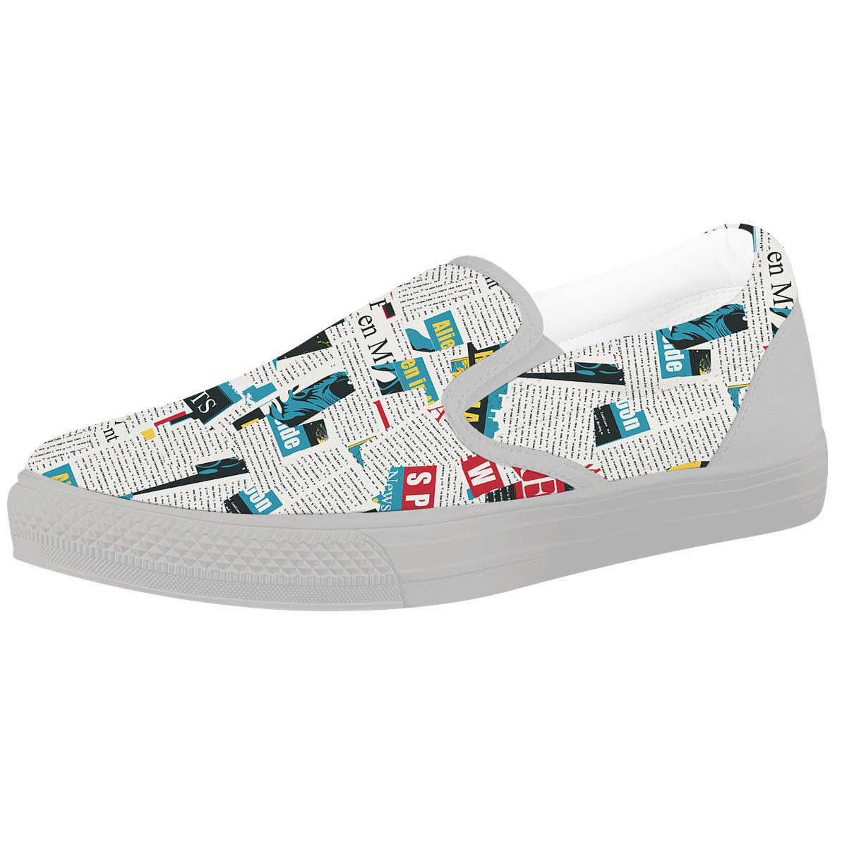 Newspaper Clippings On Aliens Topic Colorful Print Pattern White Slip On Shoes-grizzshop