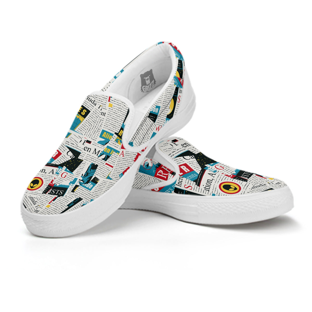 Newspaper Clippings On Aliens Topic Colorful Print Pattern White Slip On Shoes-grizzshop