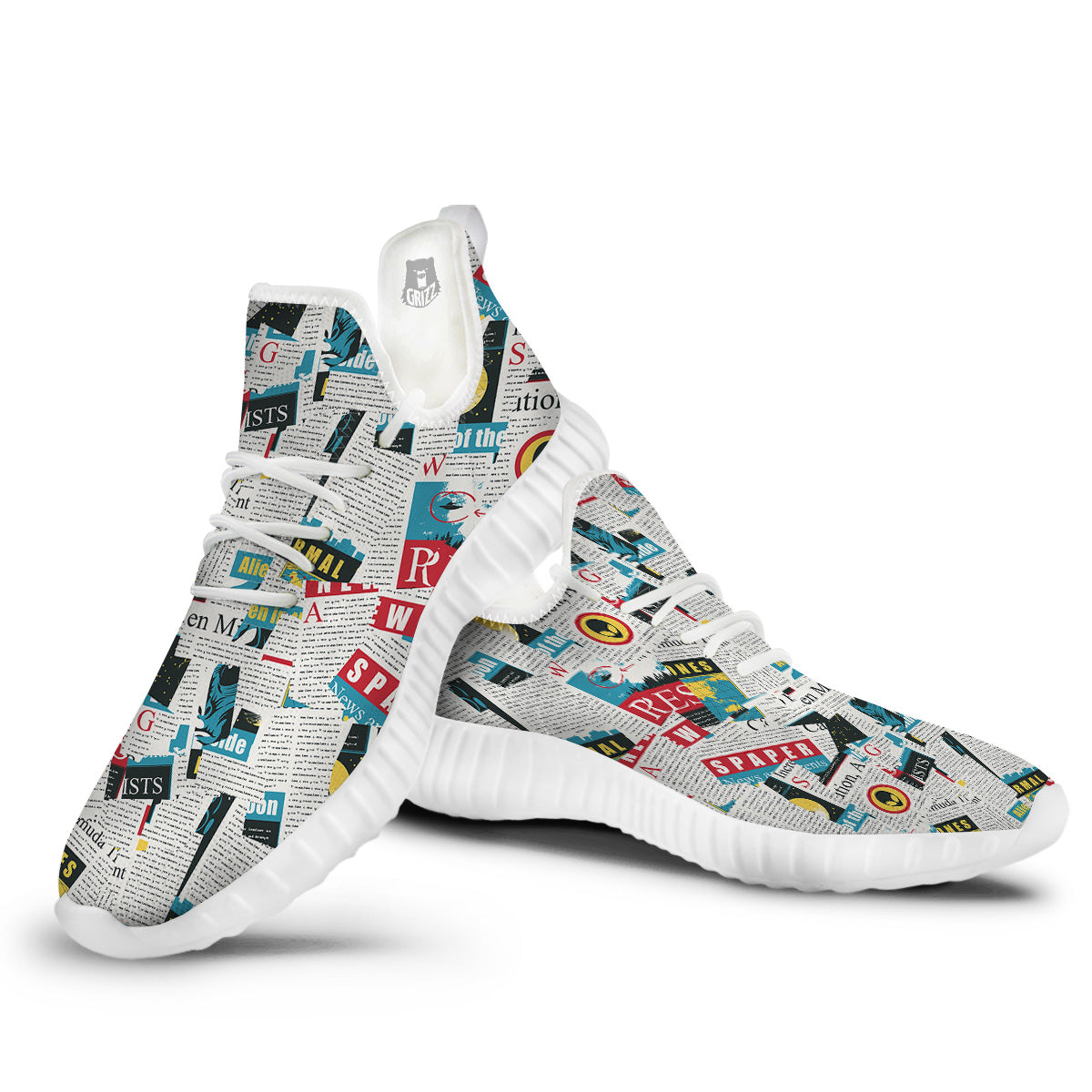 Newspaper Clippings On Aliens Topic Colorful Print Pattern White Walking Shoes-grizzshop