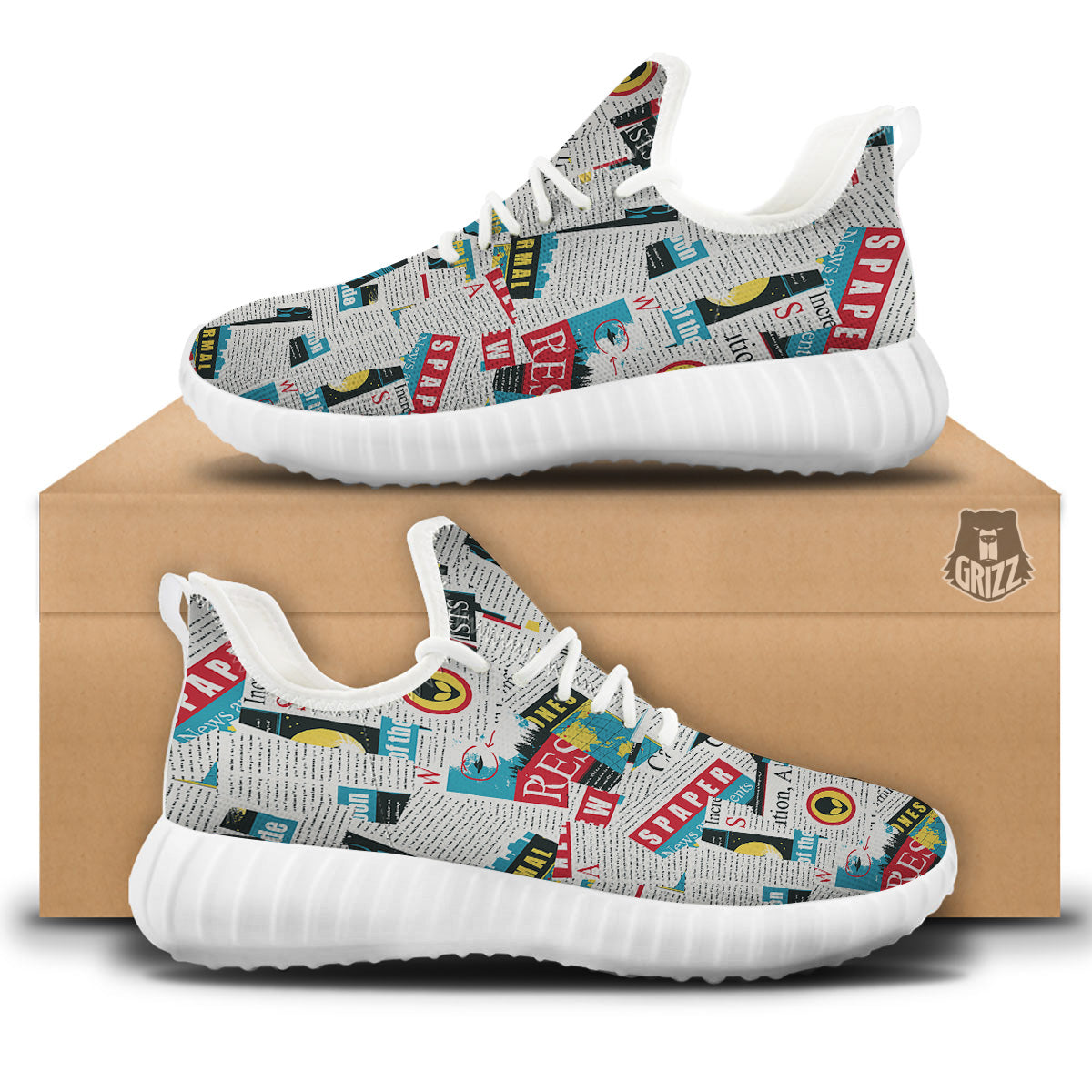 Newspaper Clippings On Aliens Topic Colorful Print Pattern White Walking Shoes-grizzshop