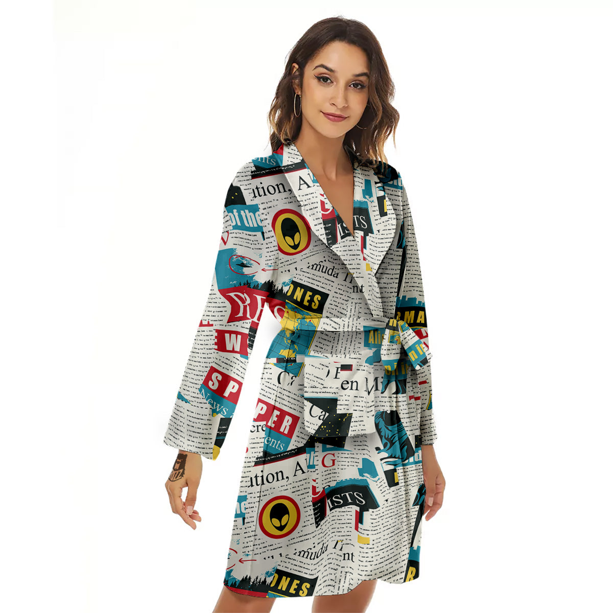 Newspaper Clippings On Aliens Topic Colorful Print Pattern Women's Robe-grizzshop