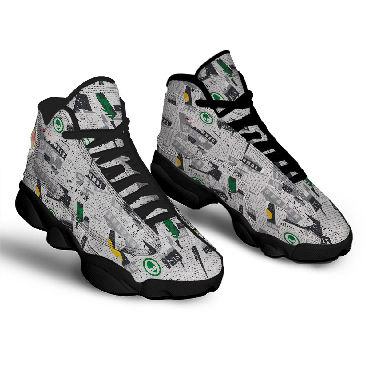 Newspaper Clippings On Aliens Topic Print Pattern Black Basketball Shoes-grizzshop