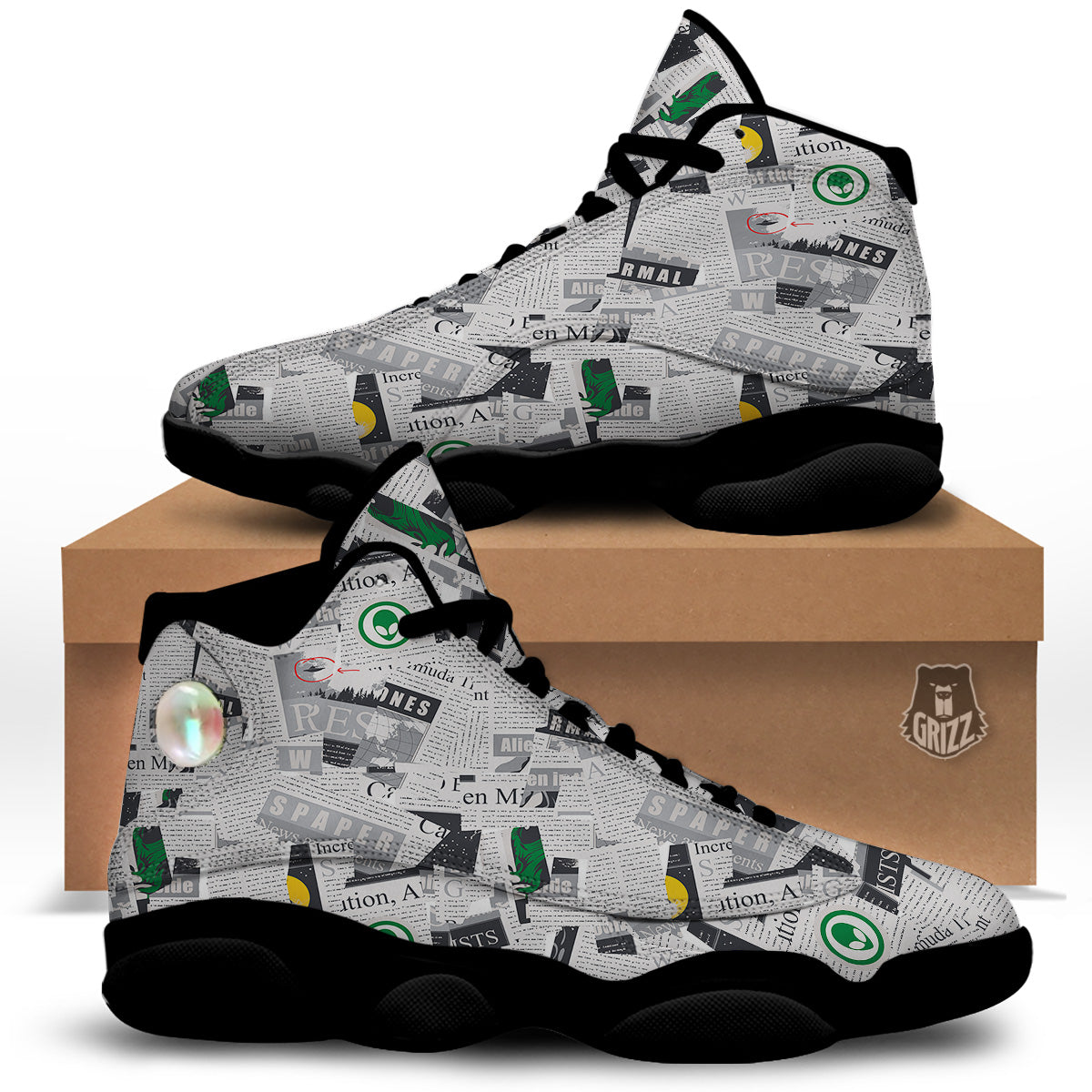 Newspaper Clippings On Aliens Topic Print Pattern Black Basketball Shoes-grizzshop