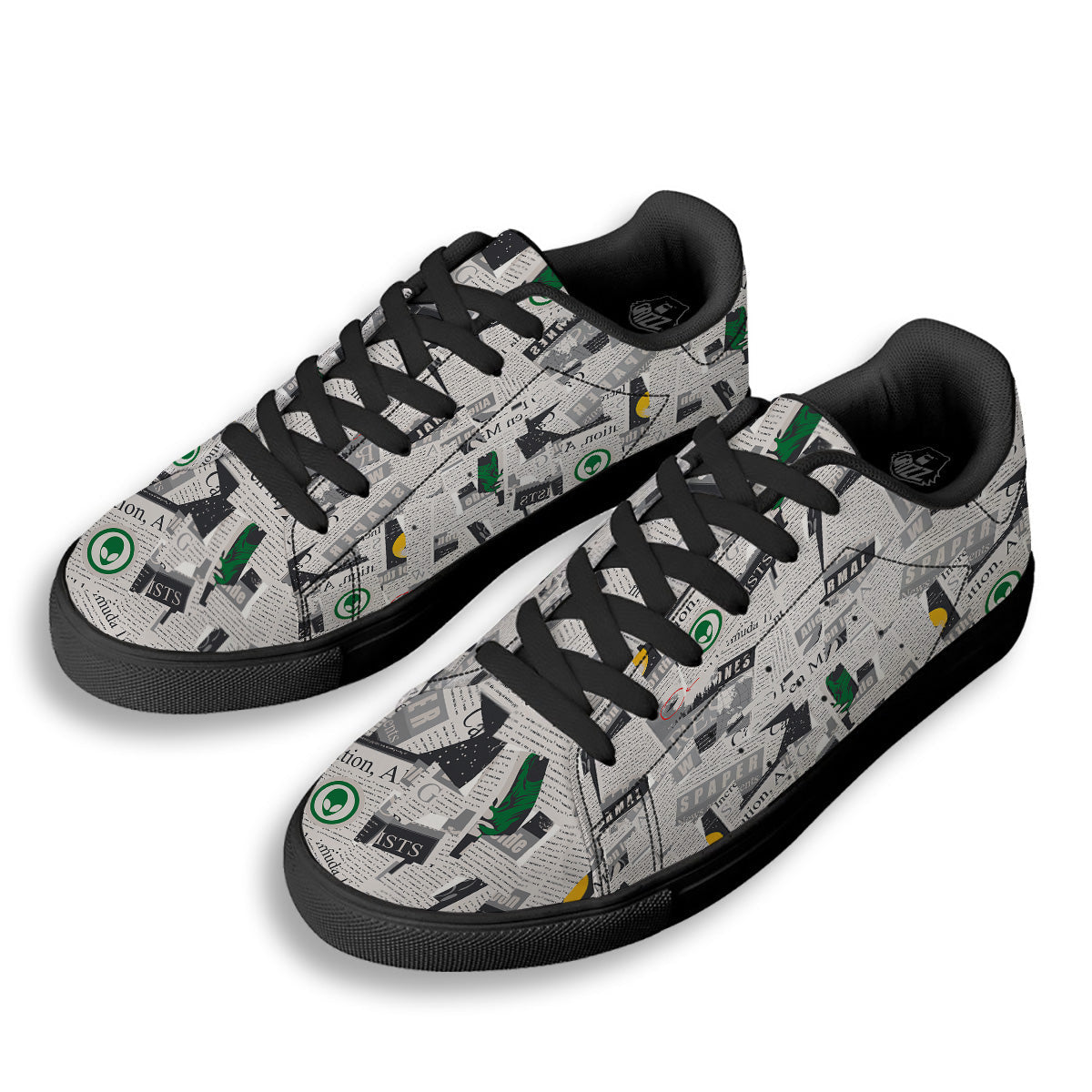 Newspaper Clippings On Aliens Topic Print Pattern Black Low Top Sneakers-grizzshop