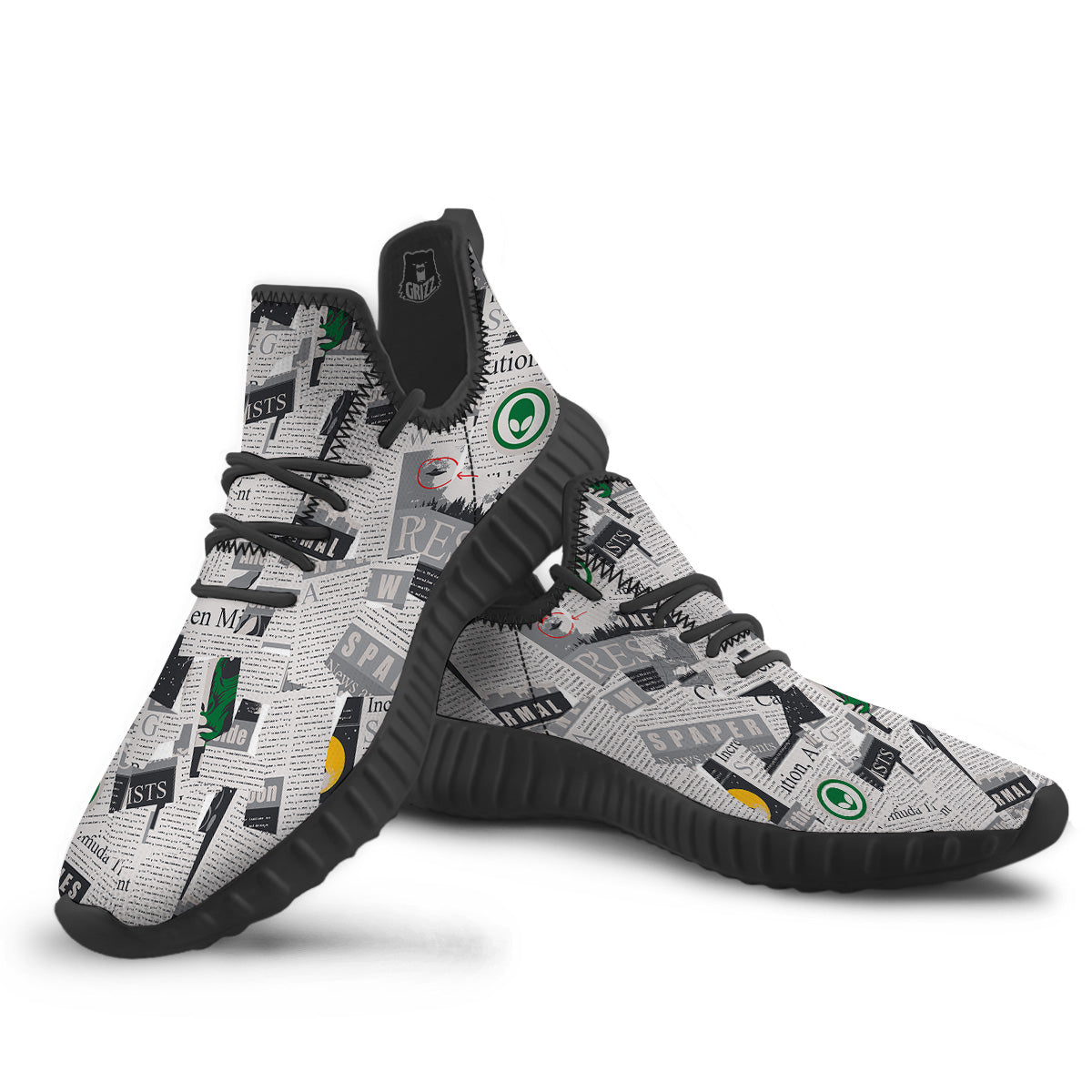 Newspaper Clippings On Aliens Topic Print Pattern Black Walking Shoes-grizzshop