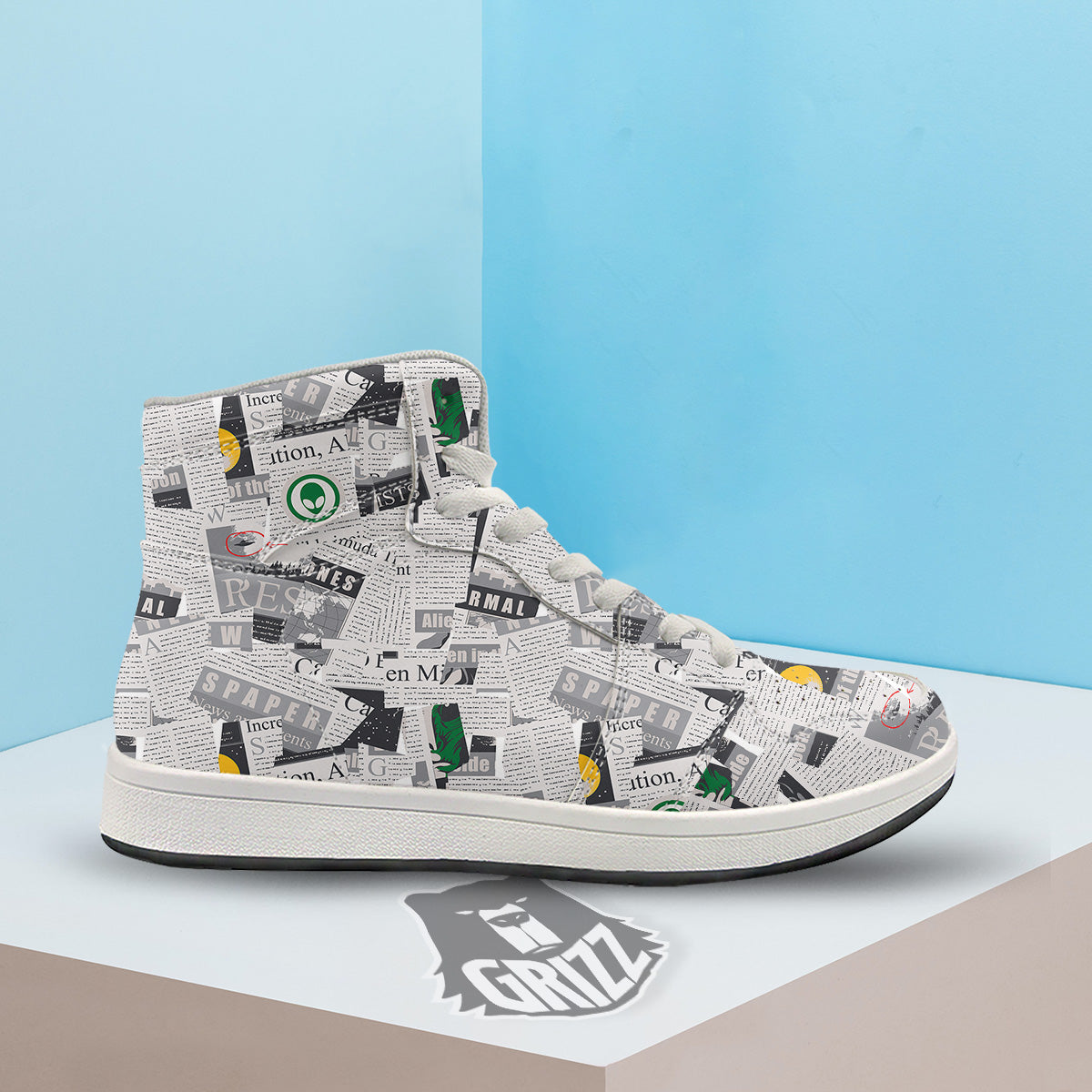 Newspaper Clippings On Aliens Topic Print Pattern High Top Sneakers-grizzshop
