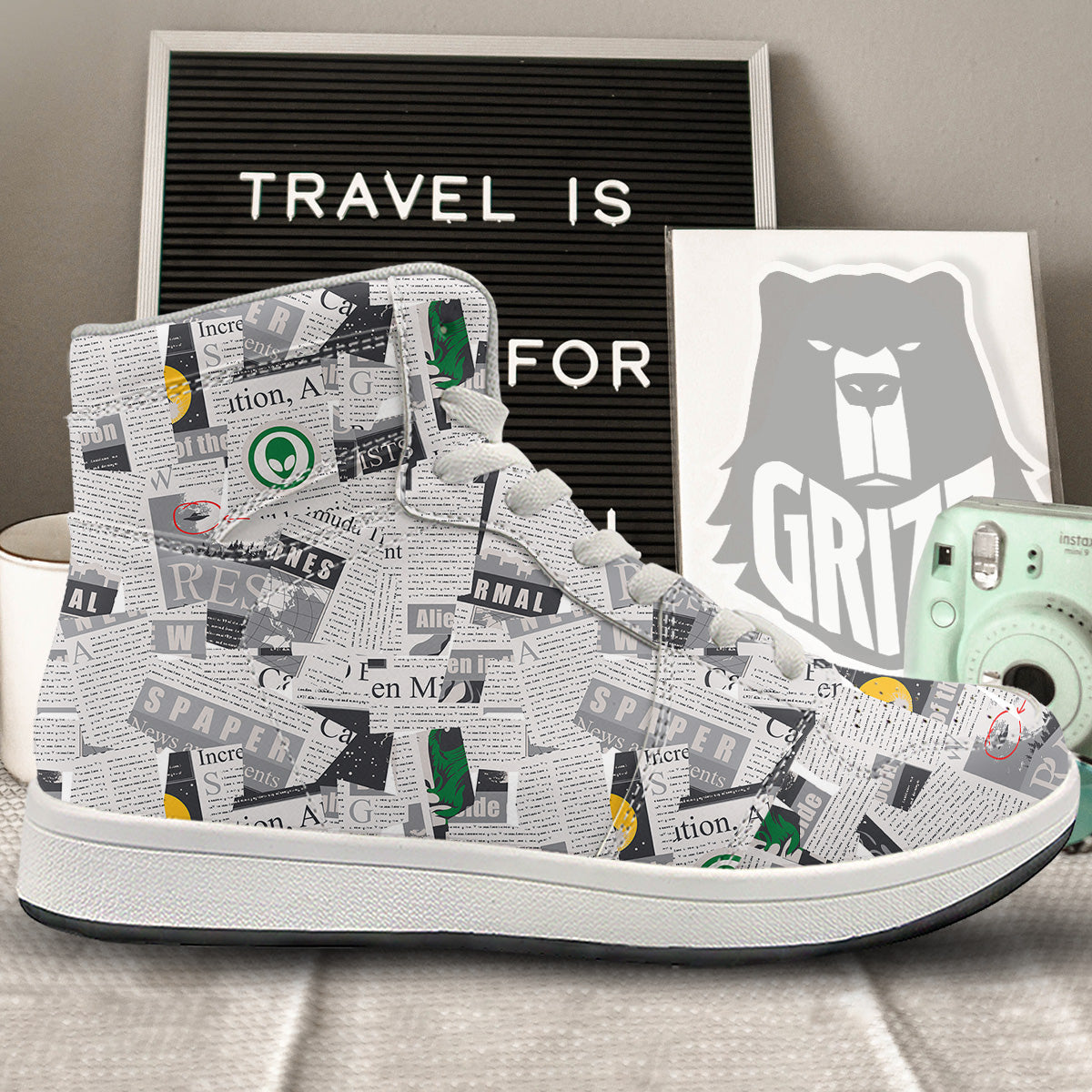 Newspaper Clippings On Aliens Topic Print Pattern High Top Sneakers-grizzshop