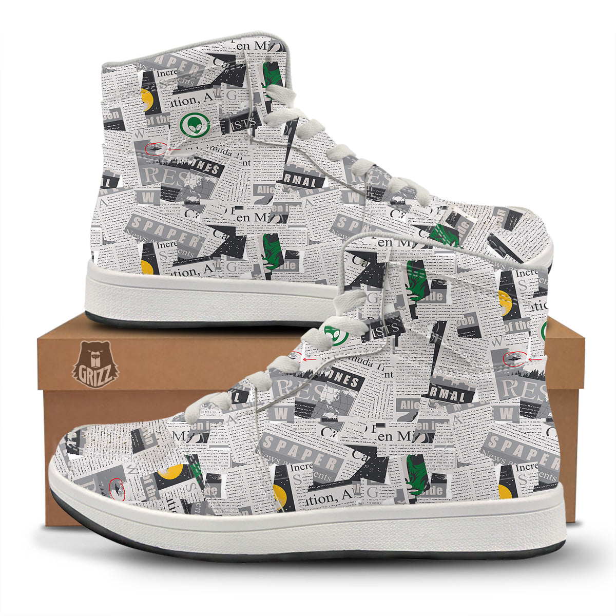 Newspaper Clippings On Aliens Topic Print Pattern High Top Sneakers-grizzshop