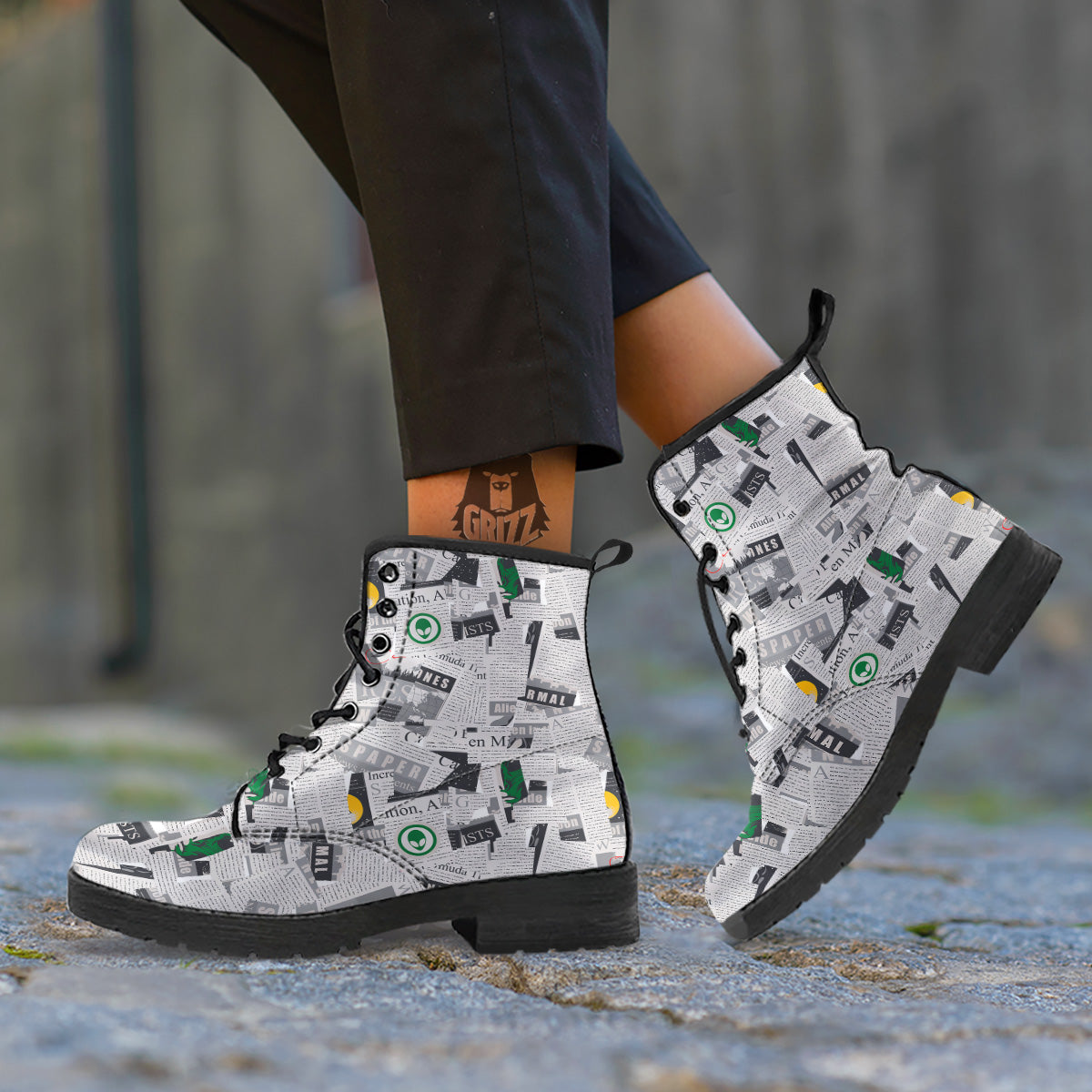 Newspaper Clippings On Aliens Topic Print Pattern Leather Boots-grizzshop