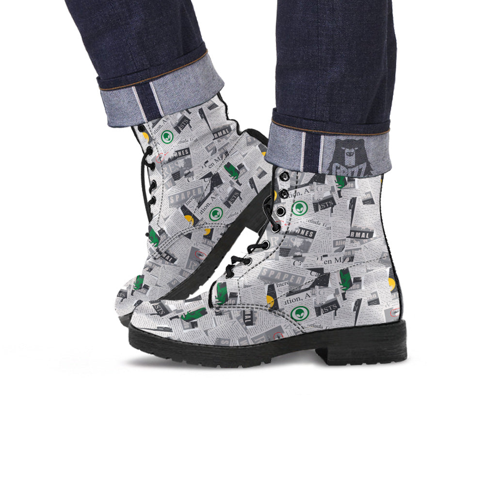 Newspaper Clippings On Aliens Topic Print Pattern Leather Boots-grizzshop