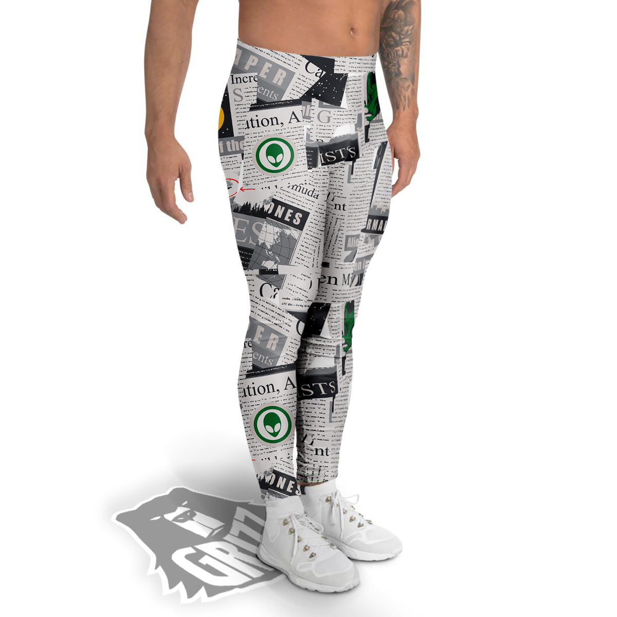 Newspaper Clippings On Aliens Topic Print Pattern Men's Leggings-grizzshop