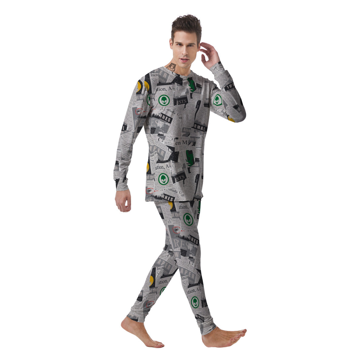 Newspaper Clippings On Aliens Topic Print Pattern Men's Pajamas-grizzshop