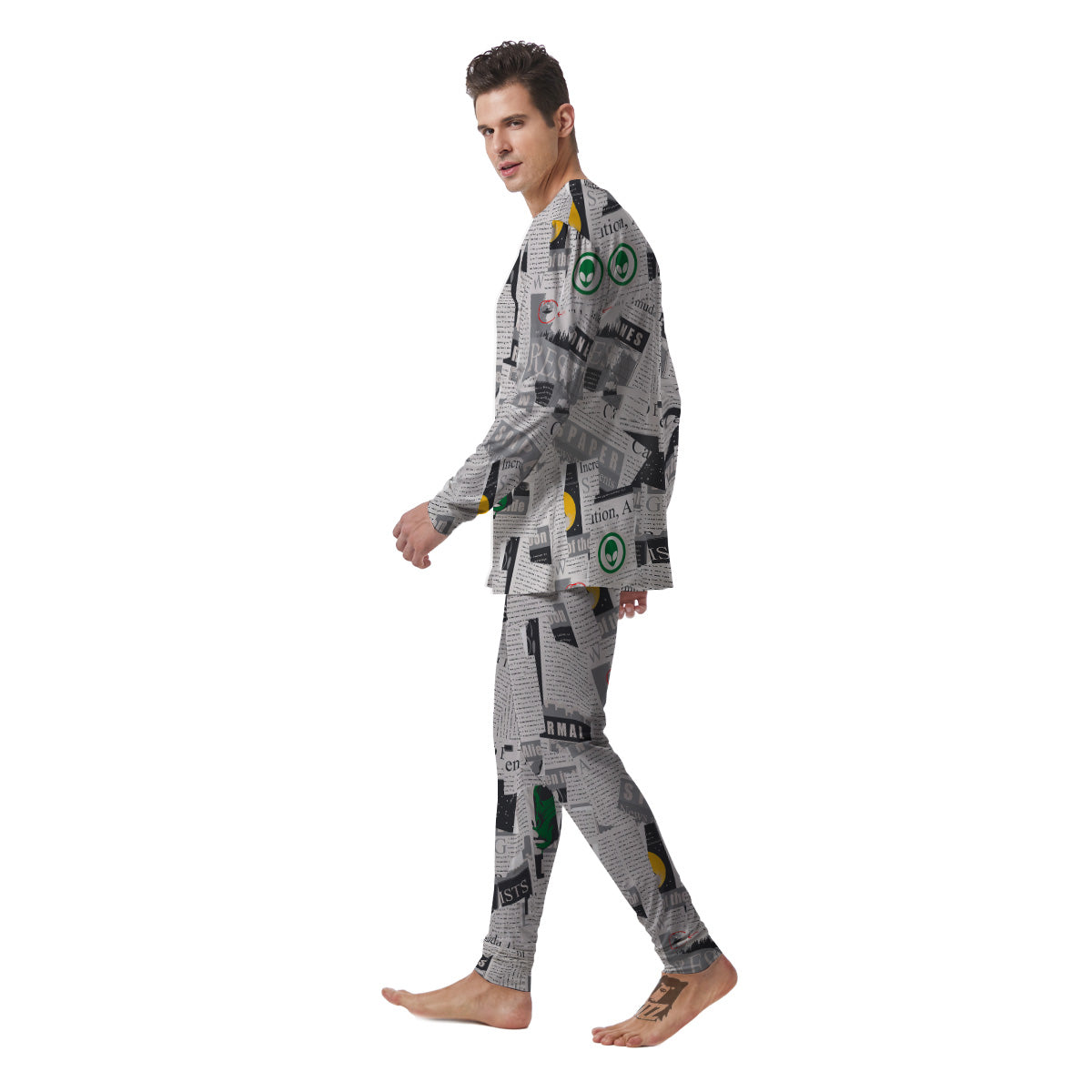 Newspaper Clippings On Aliens Topic Print Pattern Men's Pajamas-grizzshop