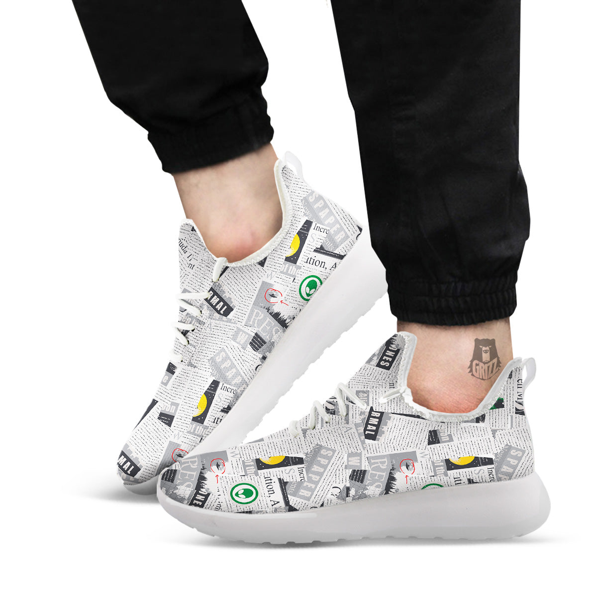 Newspaper Clippings On Aliens Topic Print Pattern White Athletic Shoes-grizzshop