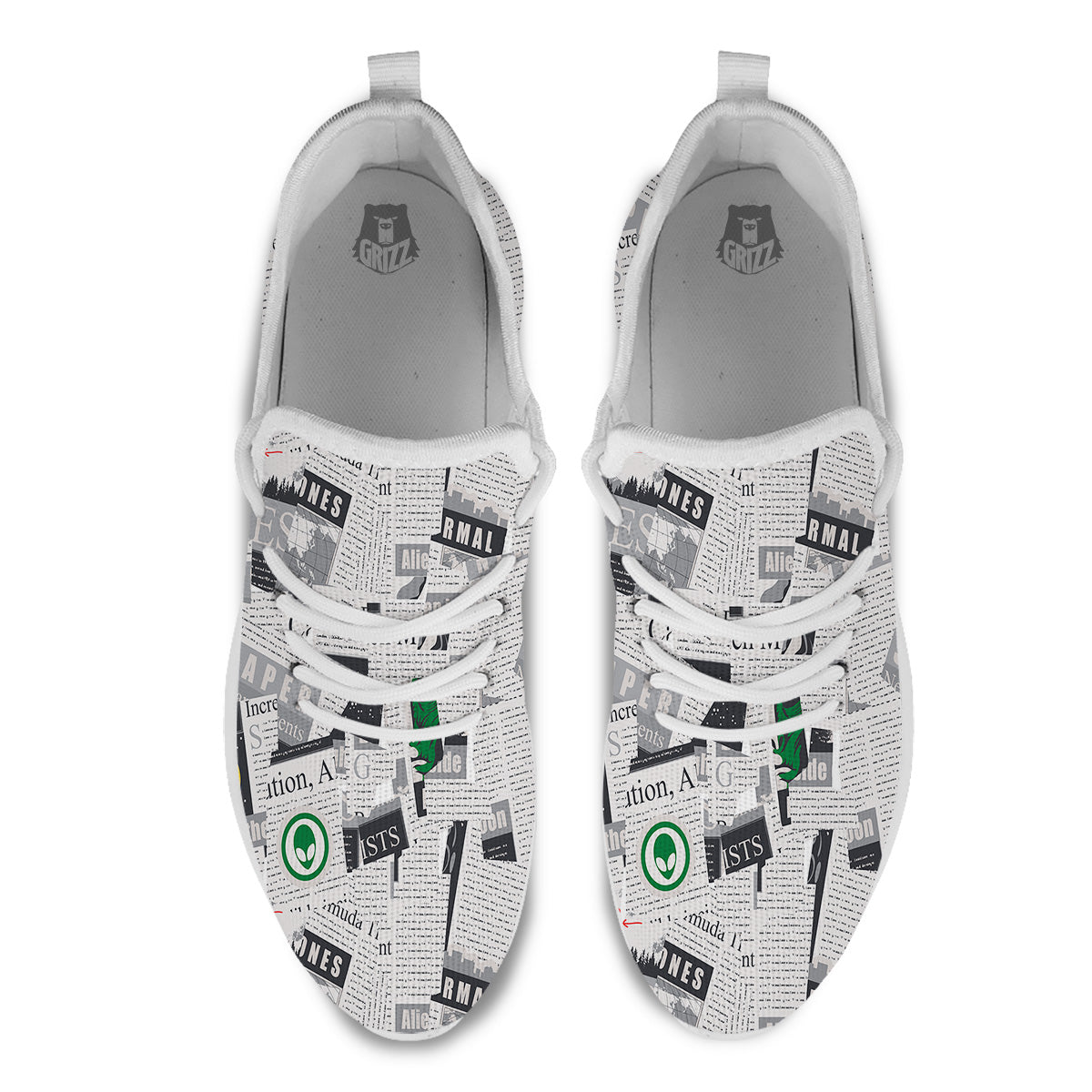Newspaper Clippings On Aliens Topic Print Pattern White Athletic Shoes-grizzshop