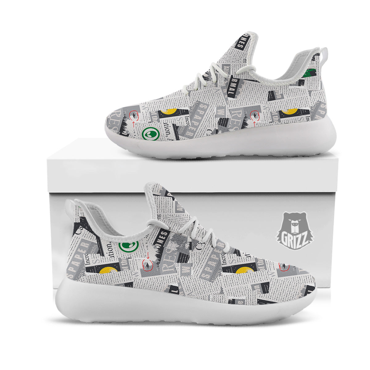 Newspaper Clippings On Aliens Topic Print Pattern White Athletic Shoes-grizzshop