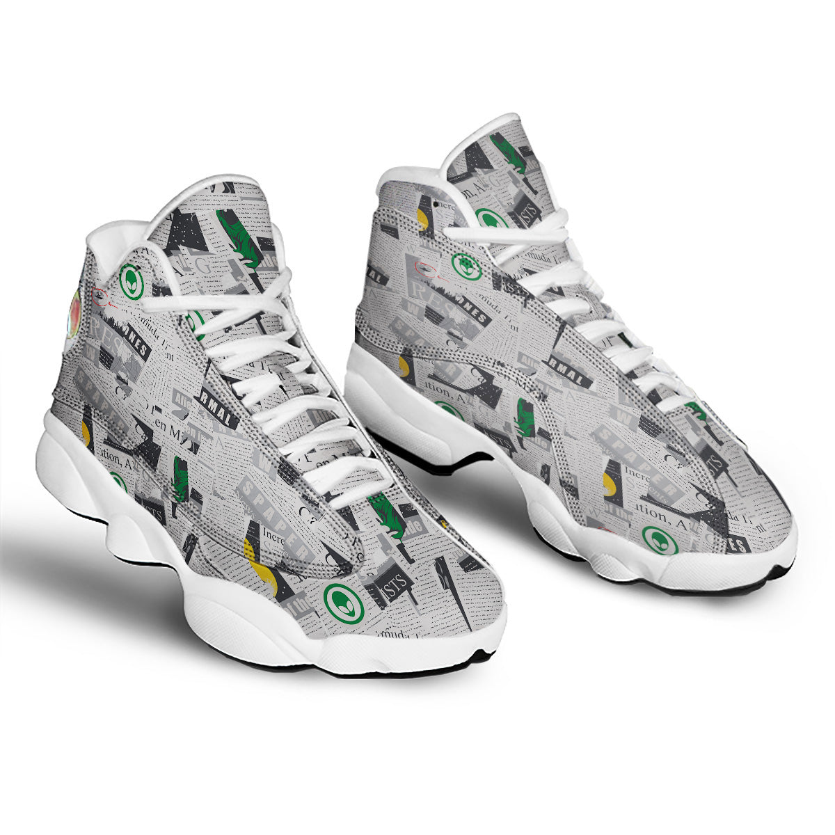 Newspaper Clippings On Aliens Topic Print Pattern White Basketball Shoes-grizzshop
