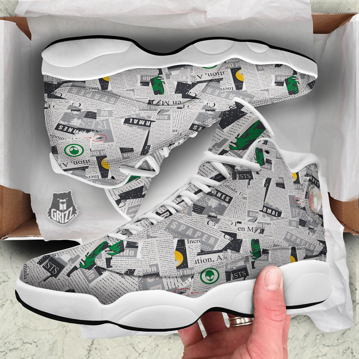 Newspaper Clippings On Aliens Topic Print Pattern White Basketball Shoes-grizzshop
