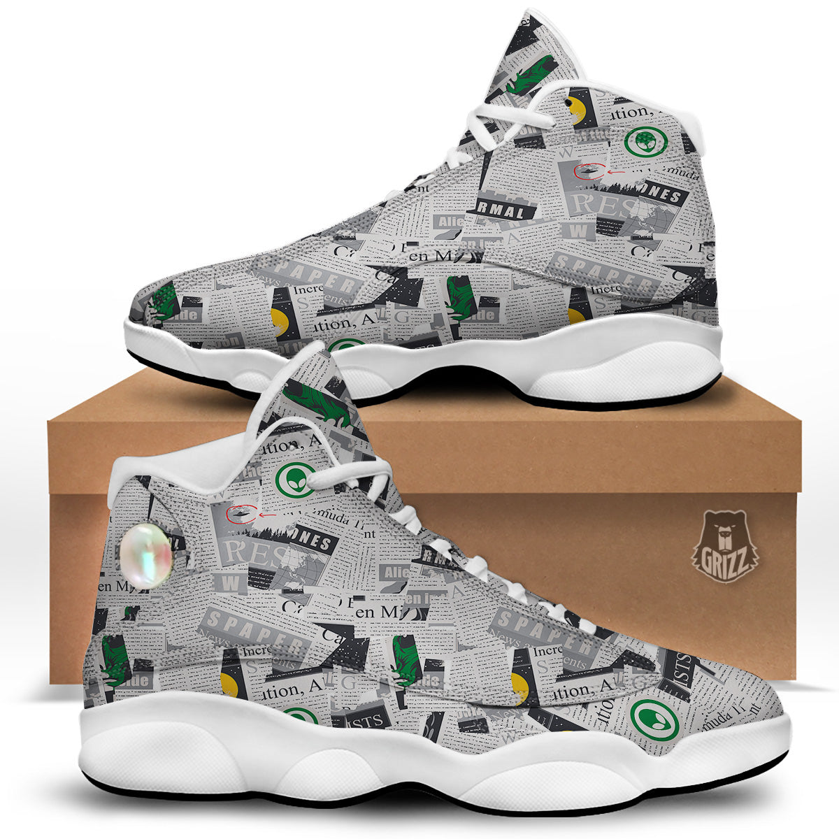 Newspaper Clippings On Aliens Topic Print Pattern White Basketball Shoes-grizzshop