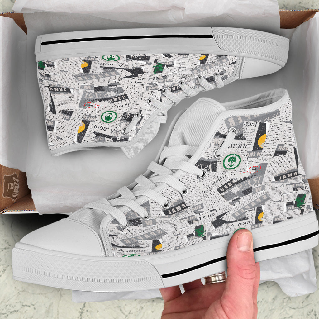Newspaper Clippings On Aliens Topic Print Pattern White High Top Shoes-grizzshop