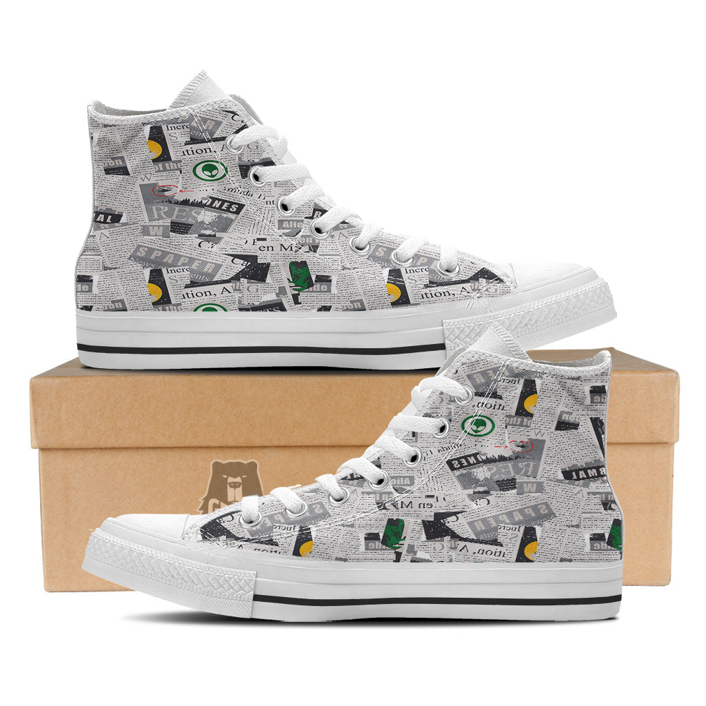Newspaper Clippings On Aliens Topic Print Pattern White High Top Shoes-grizzshop