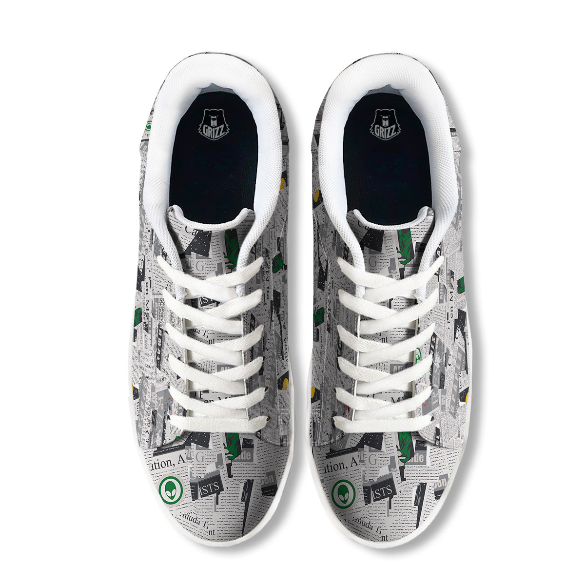 Newspaper Clippings On Aliens Topic Print Pattern White Low Top Sneakers-grizzshop