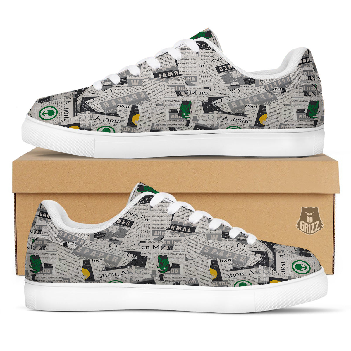 Newspaper Clippings On Aliens Topic Print Pattern White Low Top Sneakers-grizzshop