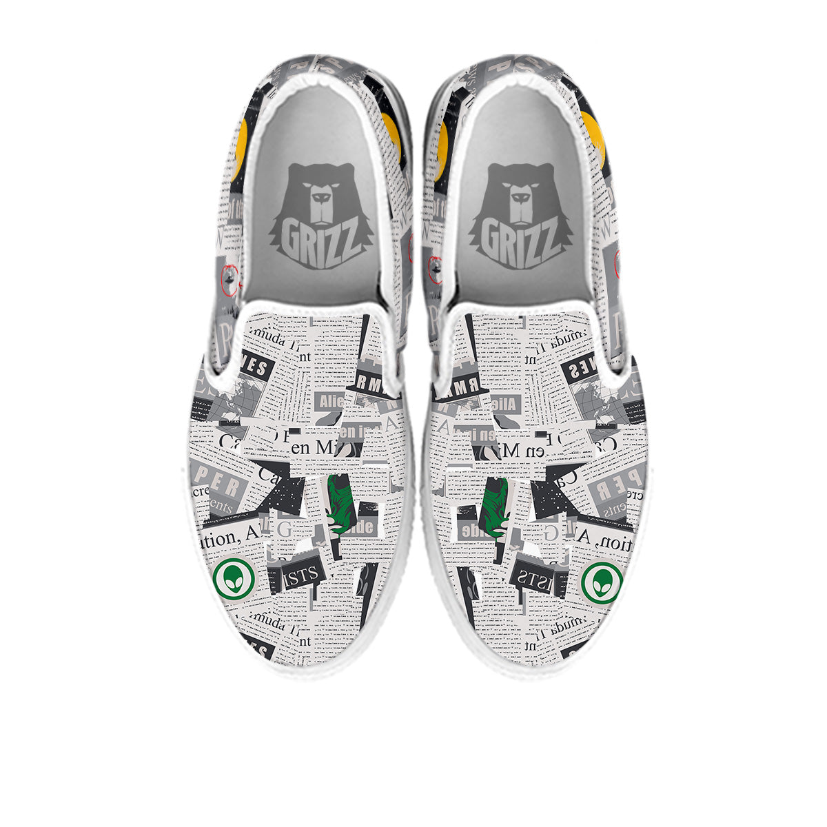 Newspaper Clippings On Aliens Topic Print Pattern White Slip On Shoes-grizzshop