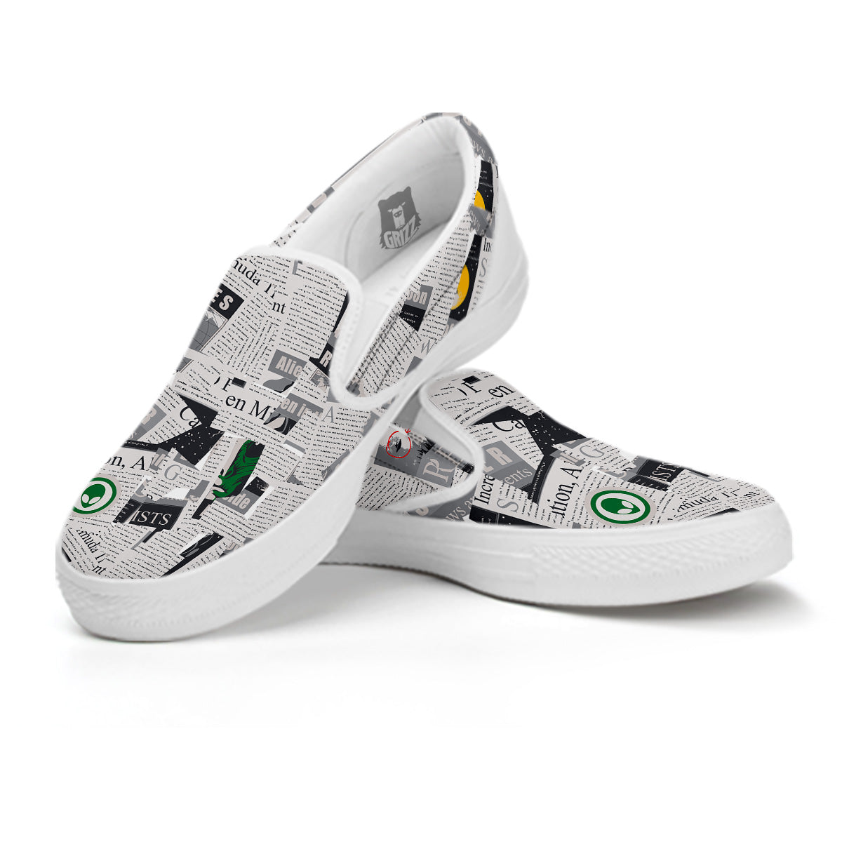 Newspaper Clippings On Aliens Topic Print Pattern White Slip On Shoes-grizzshop