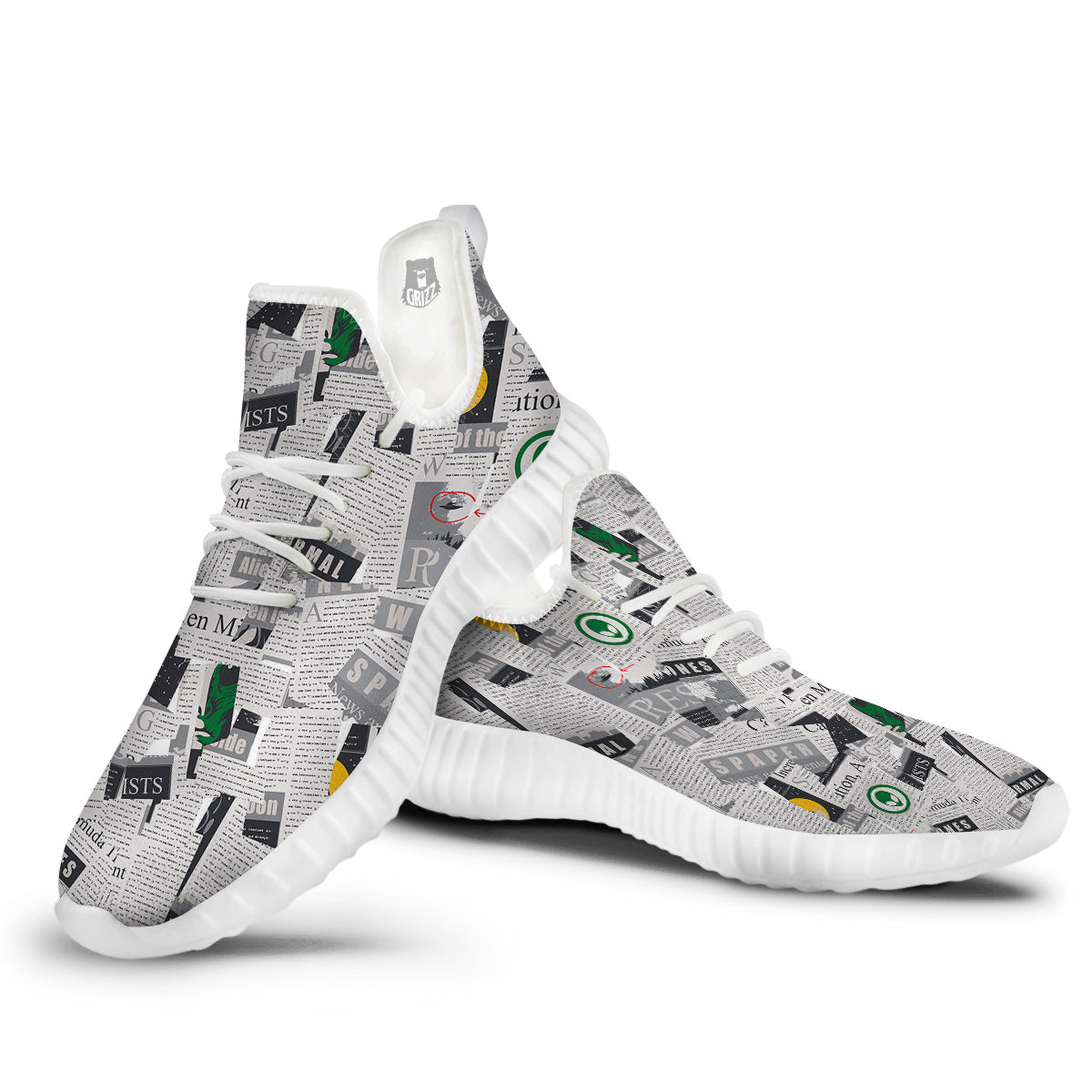 Newspaper Clippings On Aliens Topic Print Pattern White Walking Shoes-grizzshop