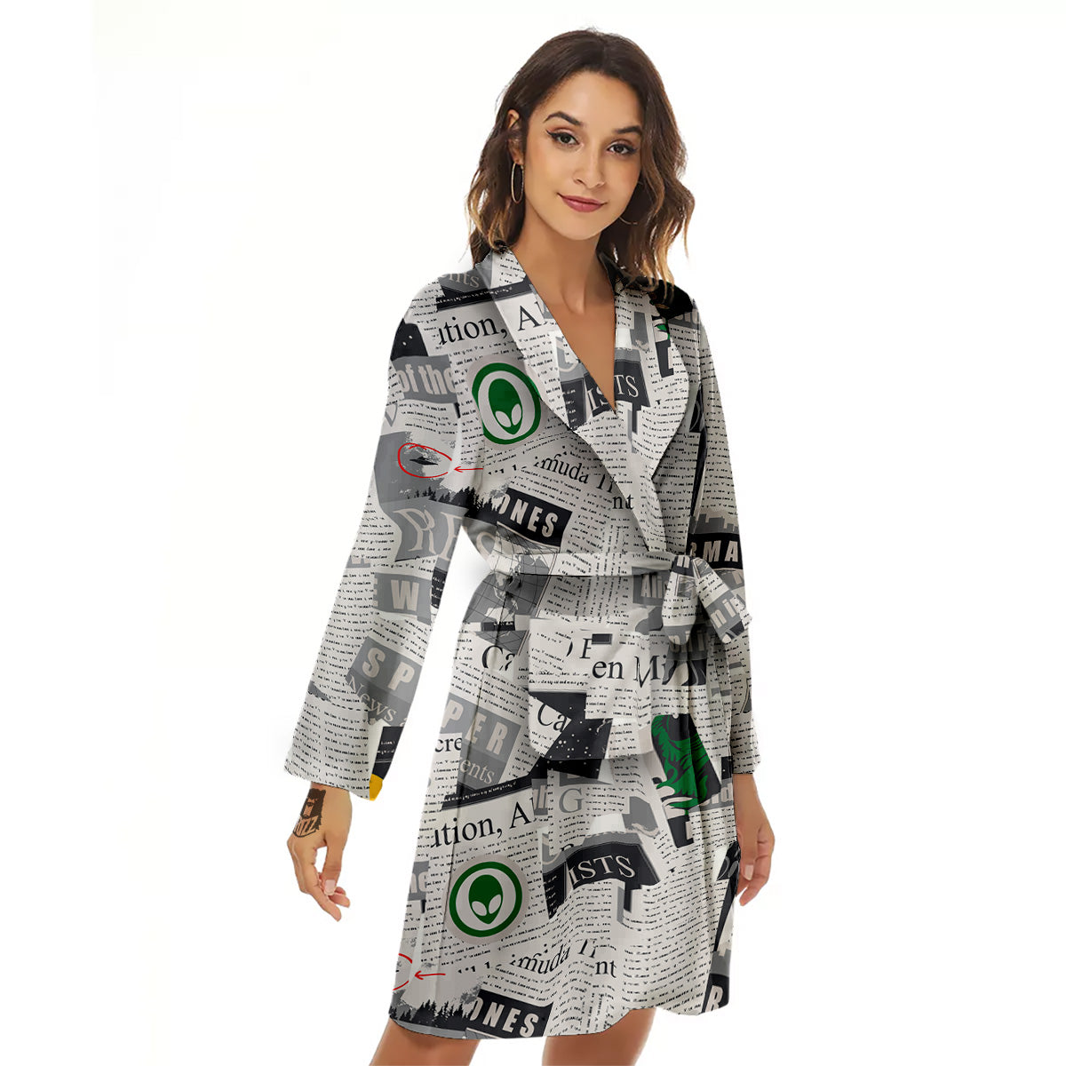 Newspaper Clippings On Aliens Topic Print Pattern Women's Robe-grizzshop